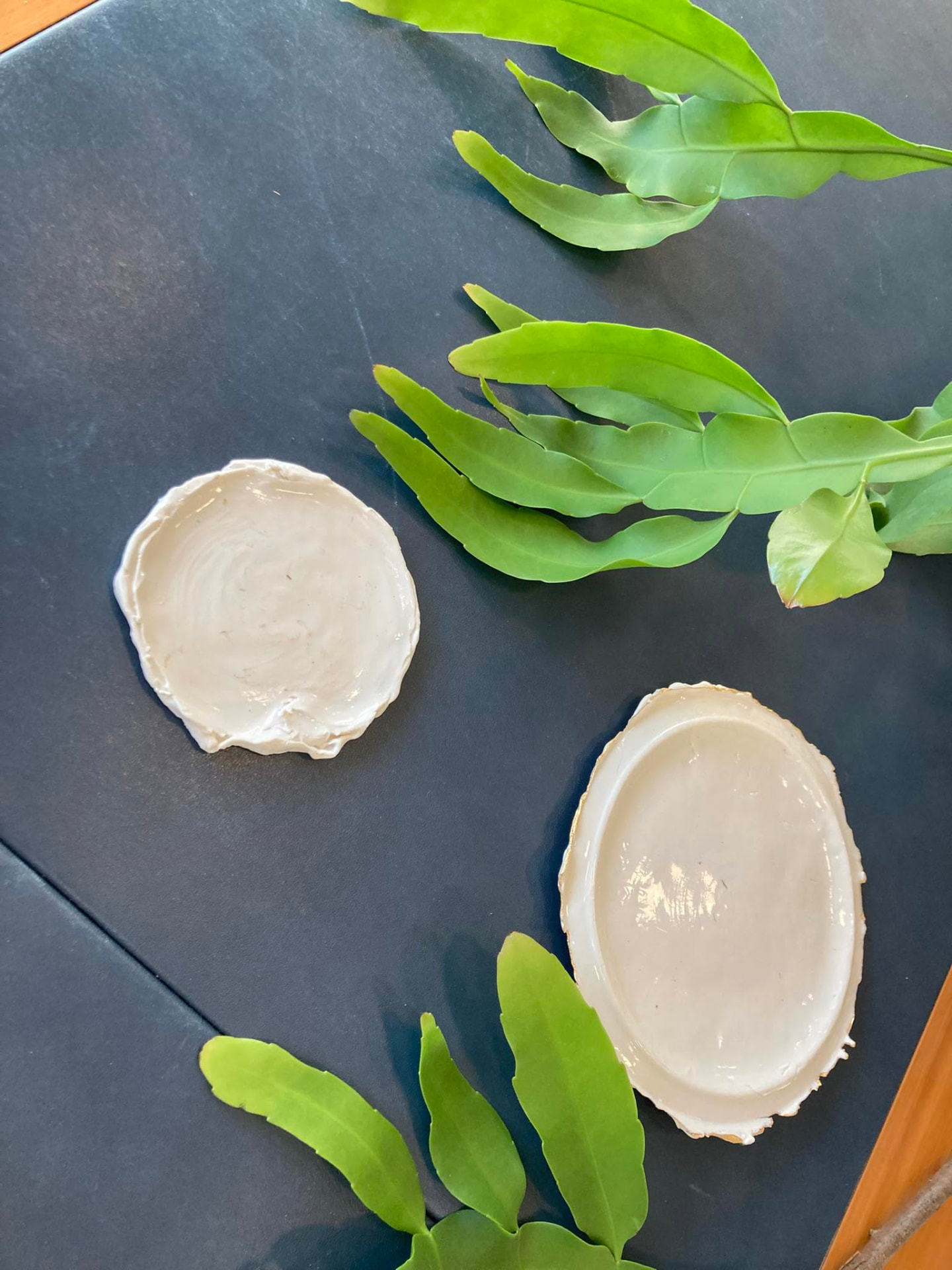Two glossy white porcelain dishes with torn edges beside bright green leaves, by Atelier VOTE.