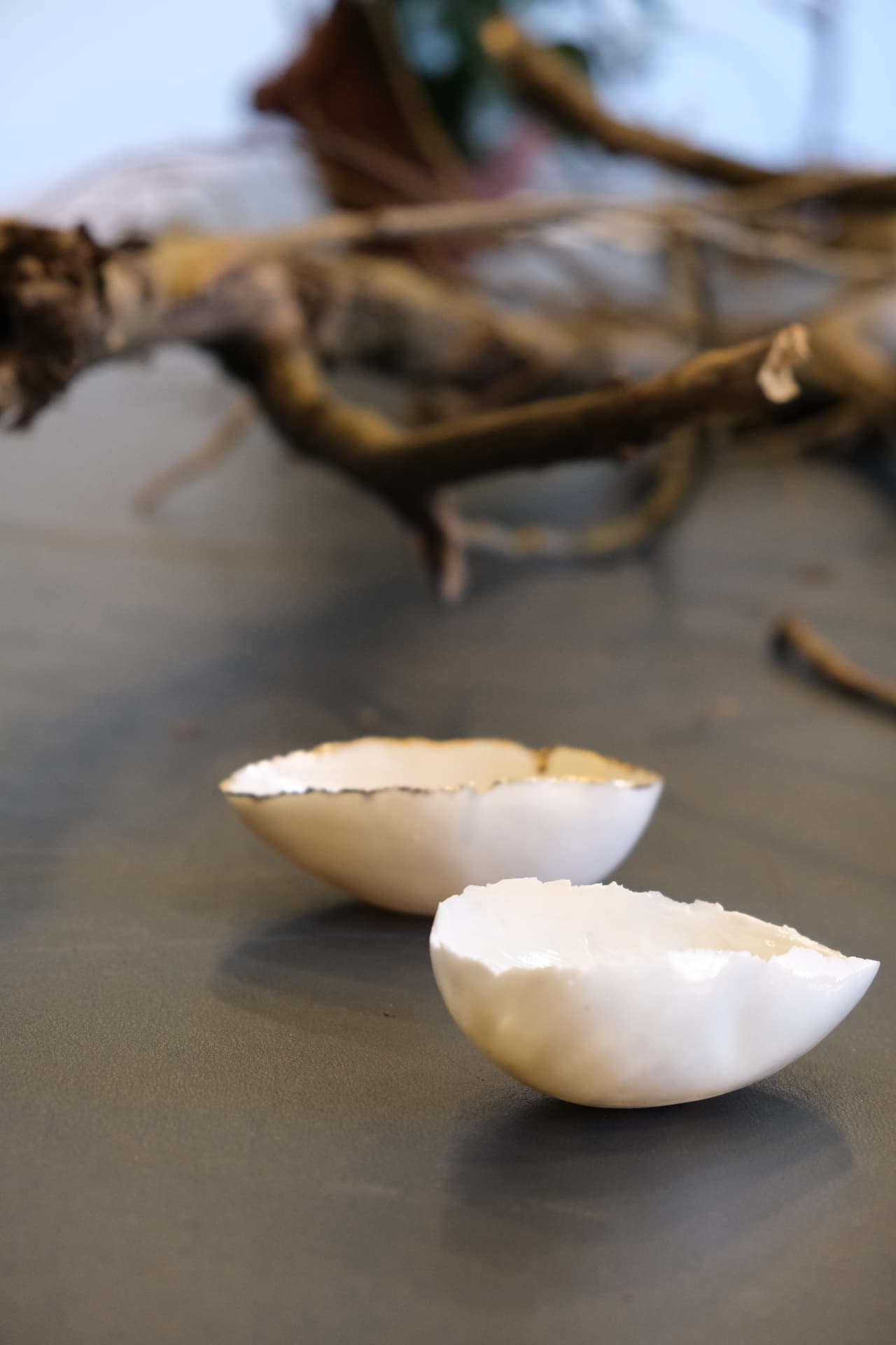 Two small porcelain bowls with gilded, torn edges on the grey table, branches drifting out of focus behind them
