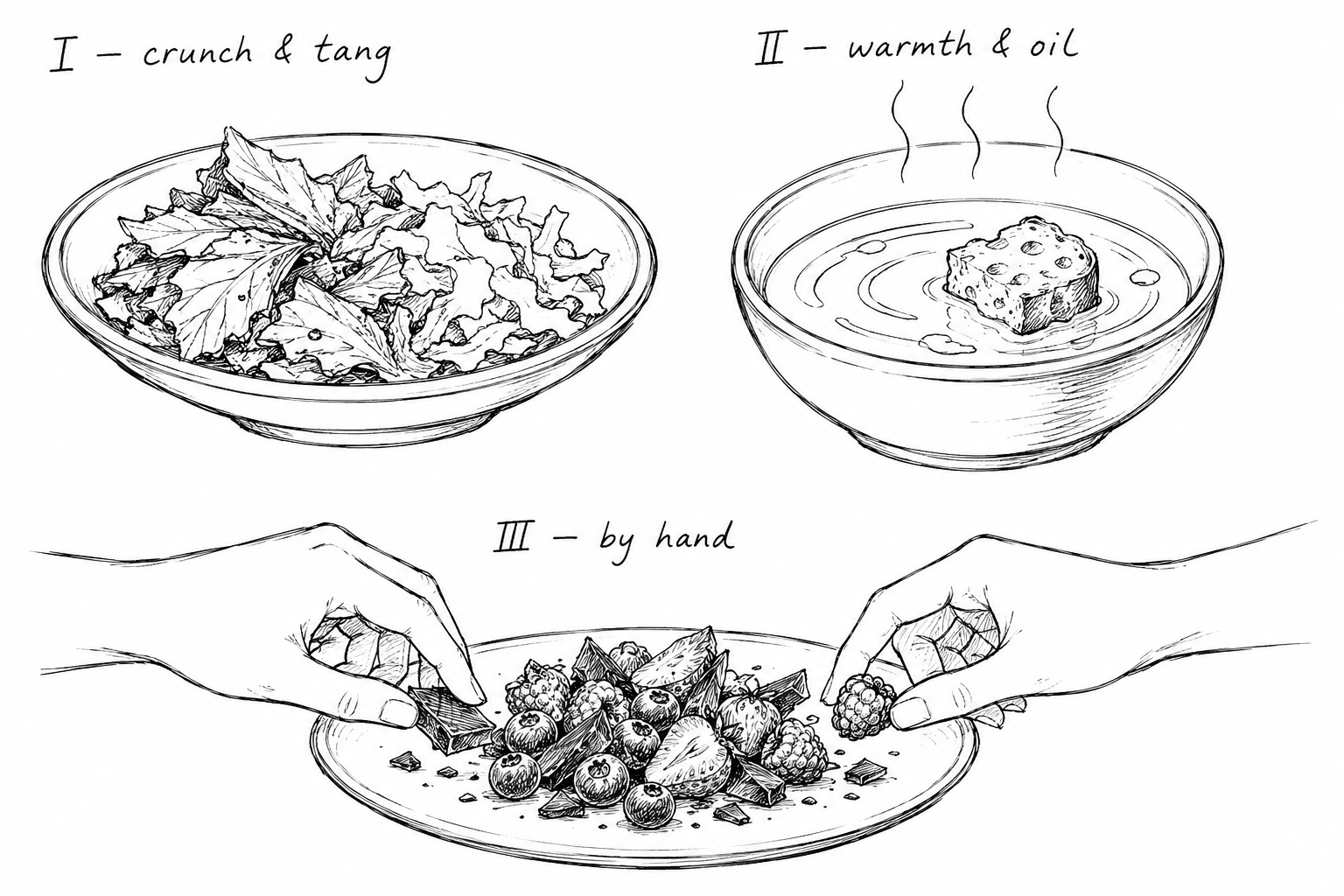 Hand-drawn studies of the three Vagal Foods stations — a bowl of fermented leaves marked I (crunch & tang), a steaming bowl of broth with bread marked II (warmth & oil), and two hands sharing a plate of fruit and chocolate marked III (by hand).