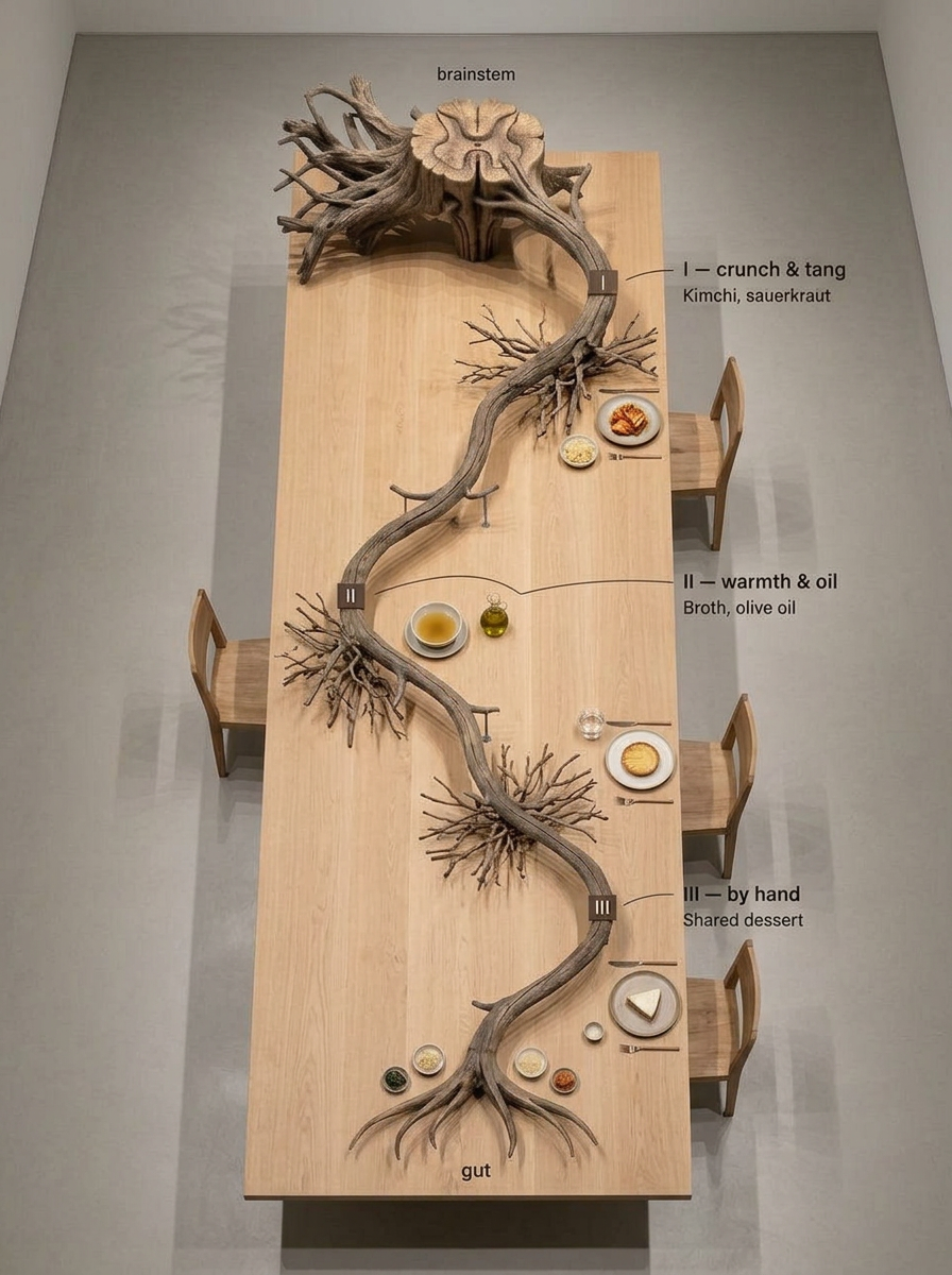 Overhead view of the Vagal Foods table — a winding wooden form tracing the vagus nerve from brainstem to gut, with three stations marked I, II and III.