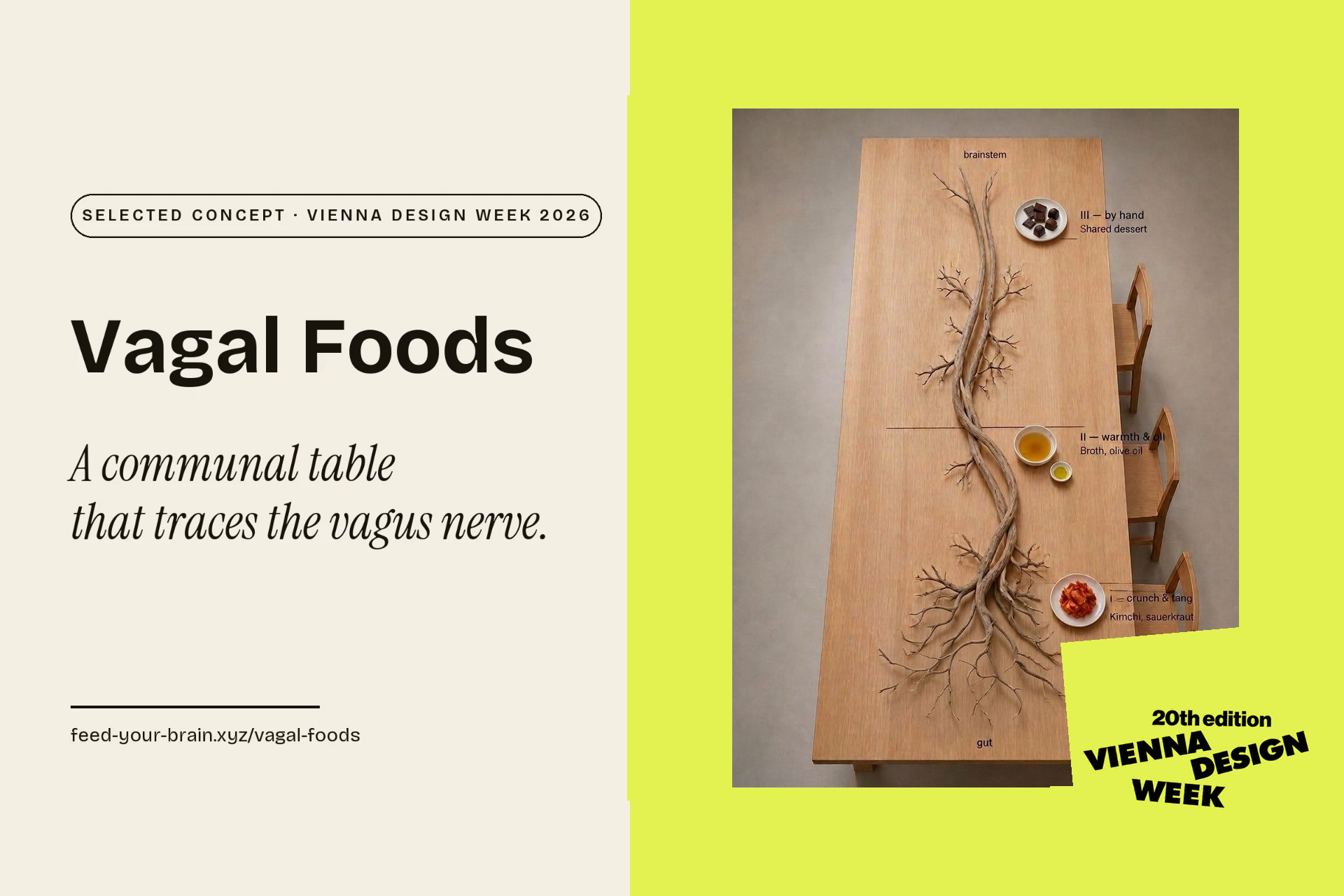 Vagal Foods selected concept for Vienna Design Week 2026, featuring the communal vagus nerve table and festival mark.