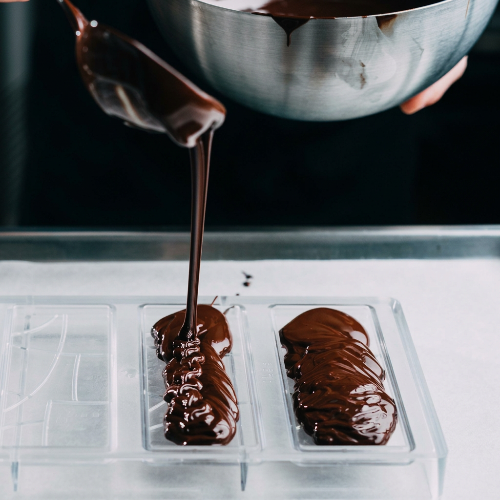Liquid dark chocolate being poured from a bowl into a mould by AHERZ bean-to-bar chocolate.
